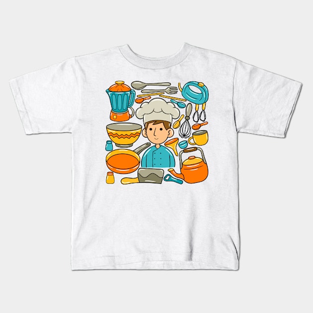 Man Chef Kawaii Doodle Kids T-Shirt by MEDZ